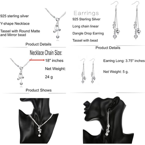 NEW Sterling Silver Beaded Tassel Y Shape Necklace and Dangle Earrings B… - Picture 6 of 7